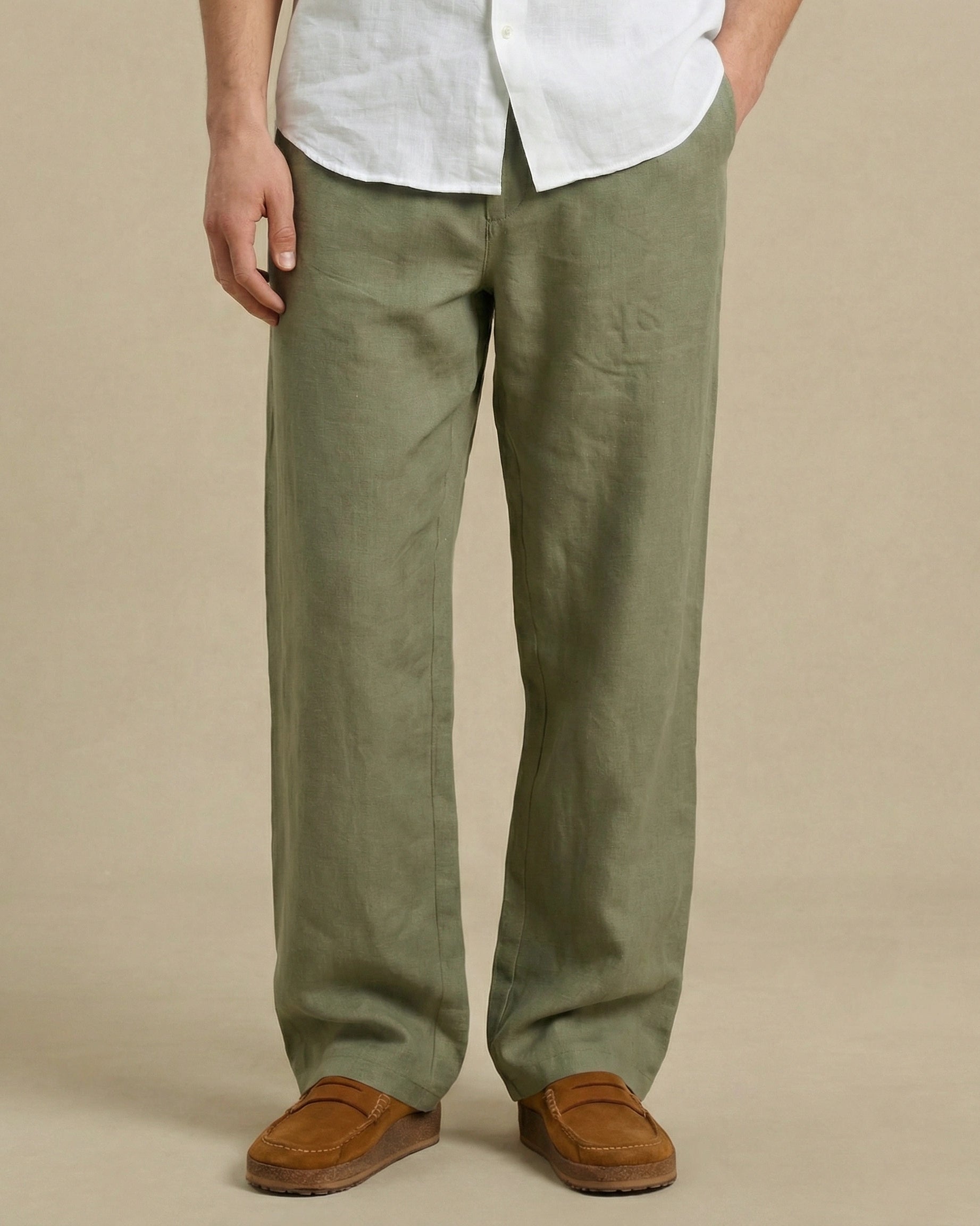 pantalon en lin vert homme kaki ete
