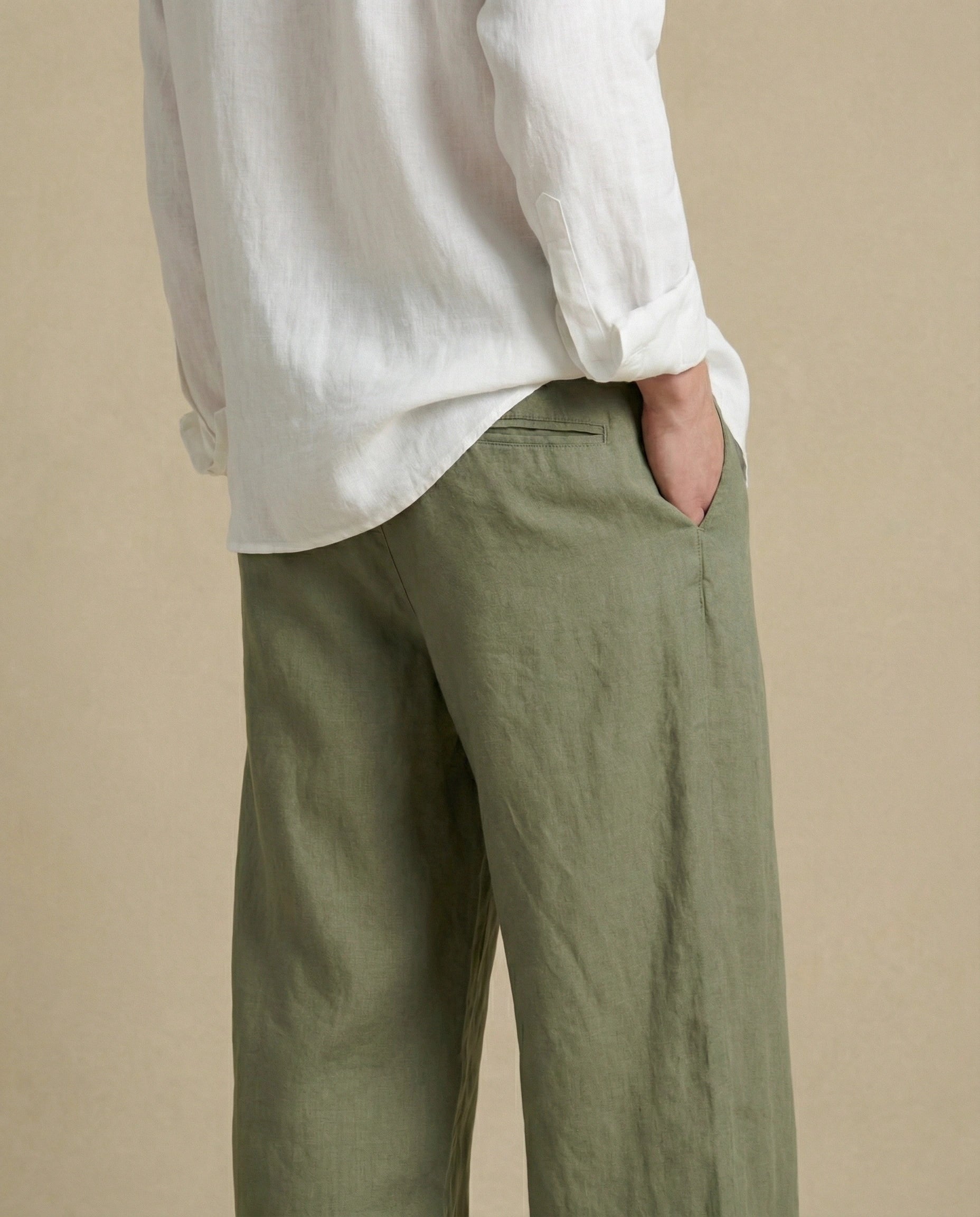 Pantalon en lin homme vert kaki décontracté ample