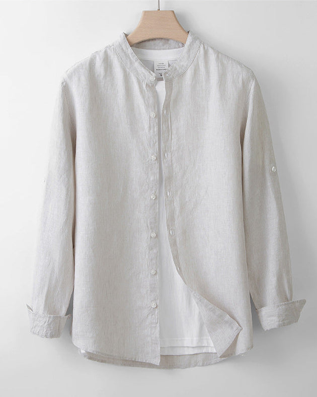 chemise en pur lin beige col mao français