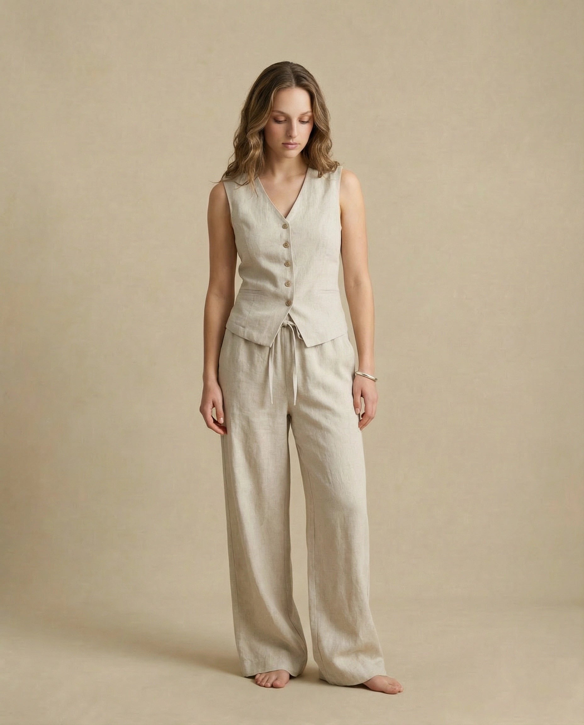 pantalon en lin beige femme ete large