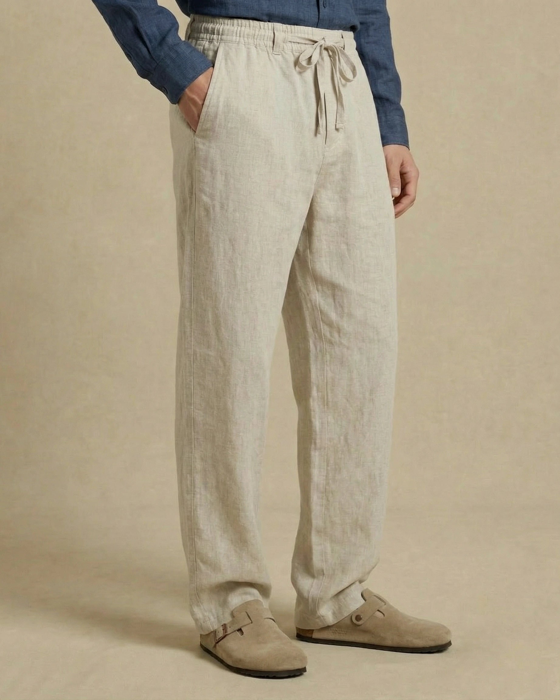 pantalon en lin beige pour homme ample décontracté leger