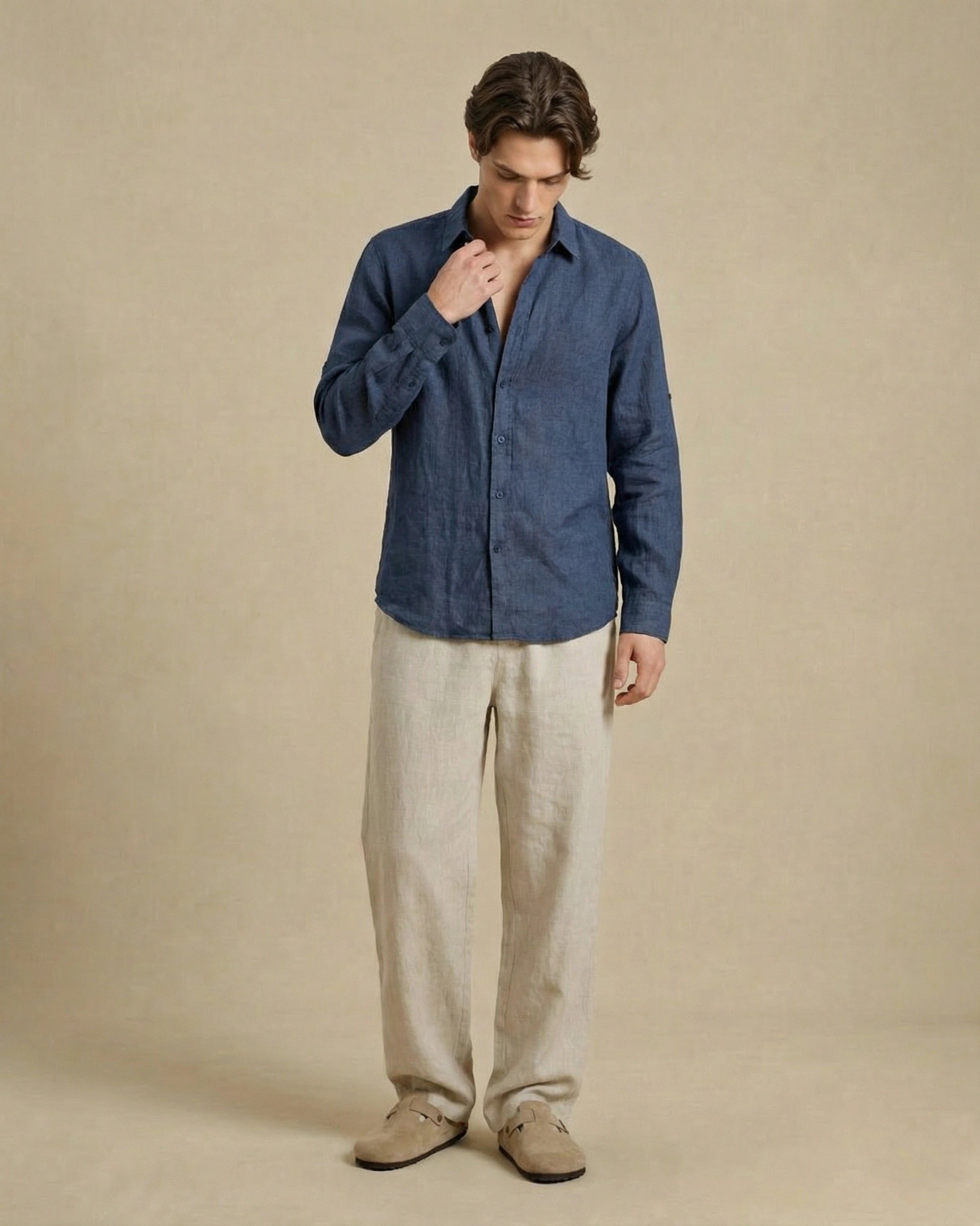 pantalon en lin beige pour homme ample décontracté