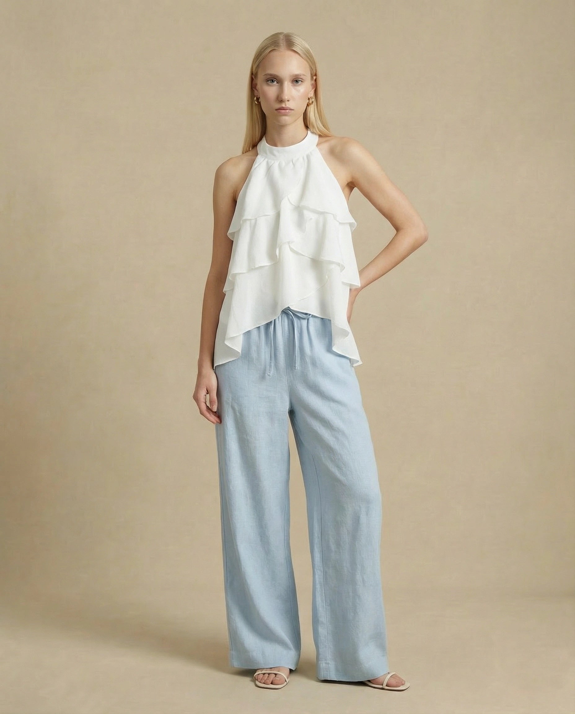 pantalon en lin bleu femme ete ciel