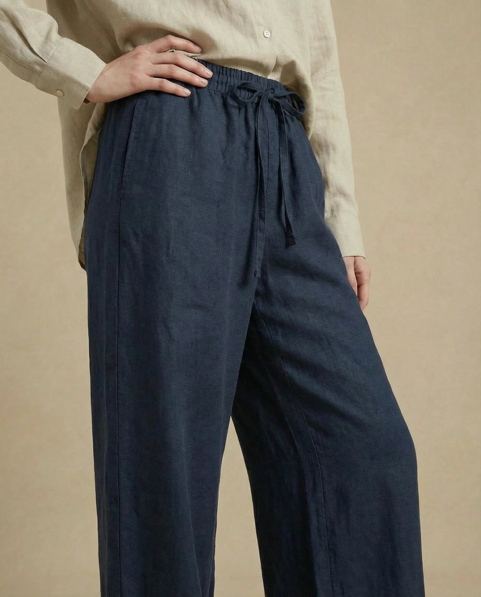pantalon en lin bleu marine femme ete