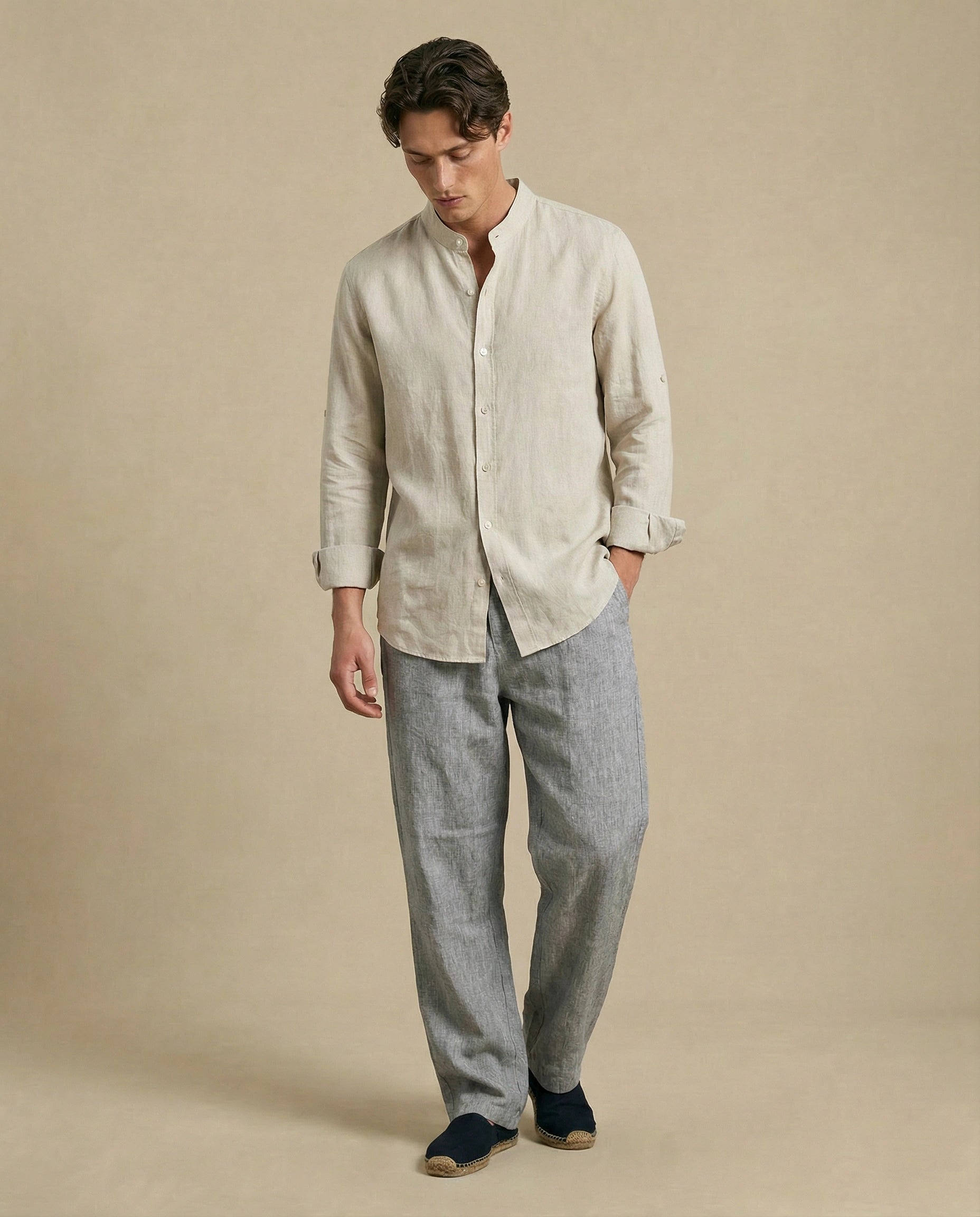 Chemise col mao en lin homme beige