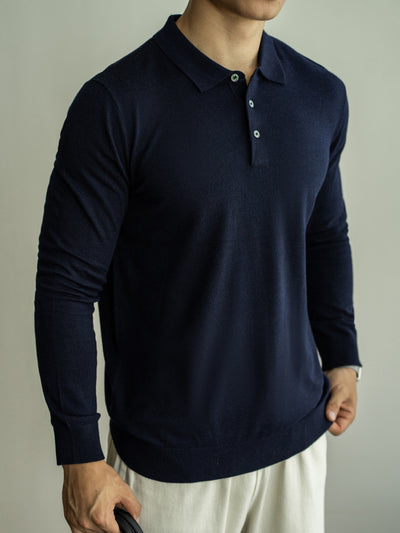 Long-sleeved buttoned wool polo shirt