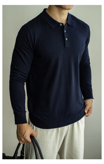 Long-sleeved buttoned wool polo shirt