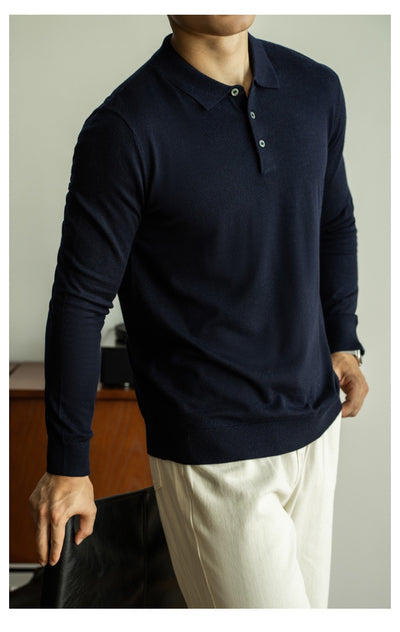 Long-sleeved buttoned wool polo shirt