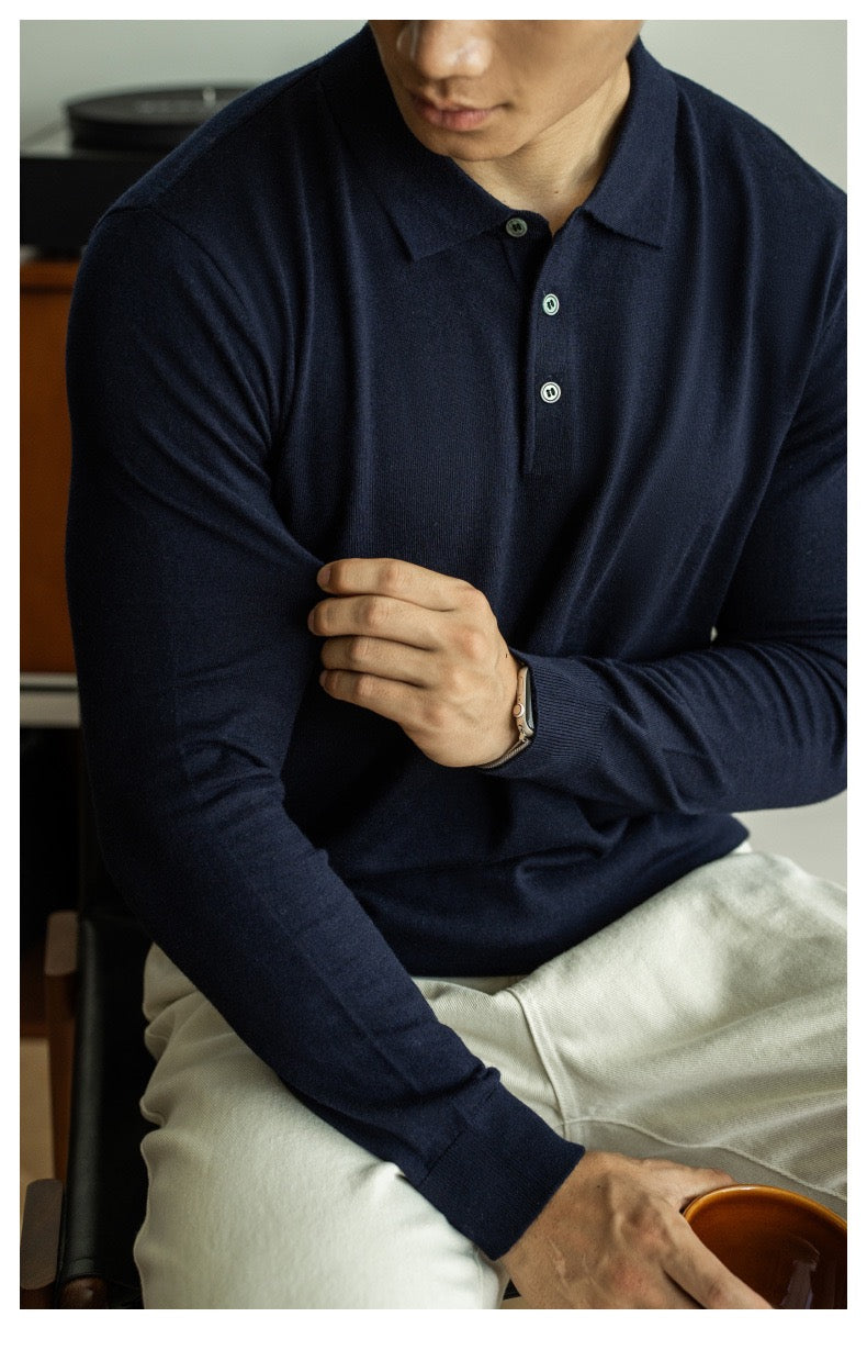 Long-sleeved buttoned wool polo shirt