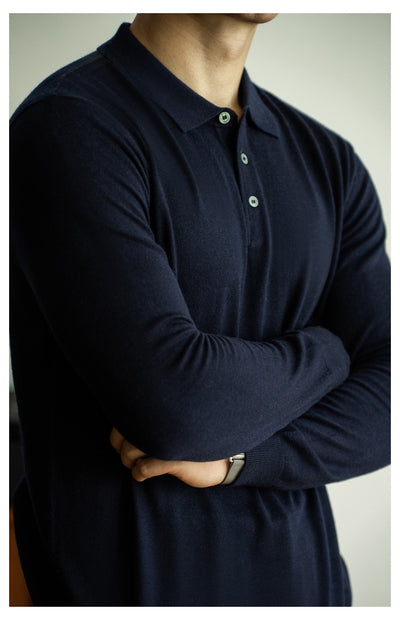 Long-sleeved buttoned wool polo shirt