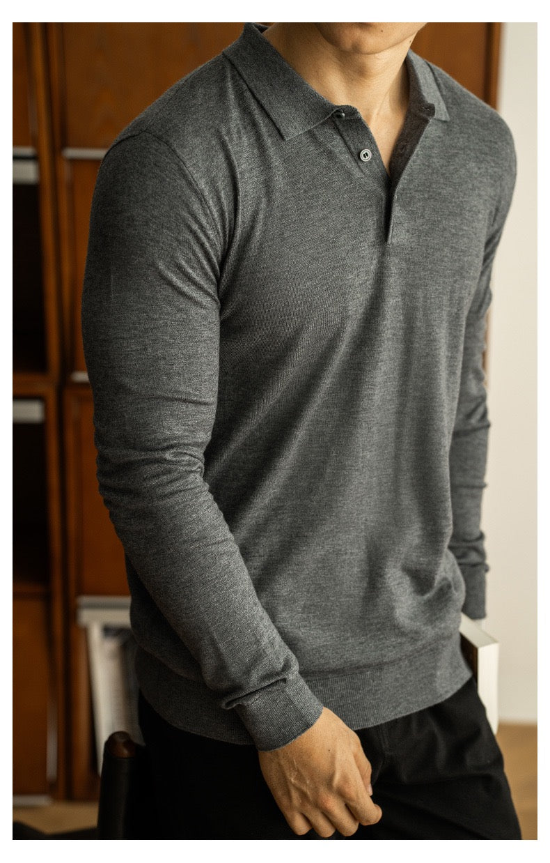 Long-sleeved buttoned wool polo shirt