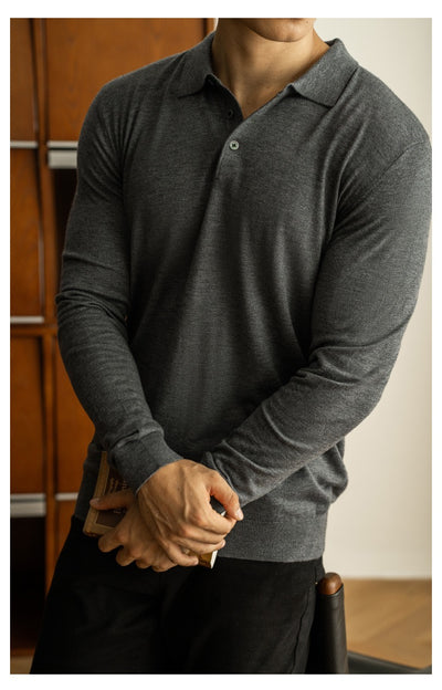 Long-sleeved buttoned wool polo shirt