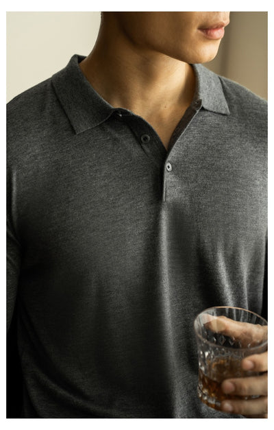 Long-sleeved buttoned wool polo shirt