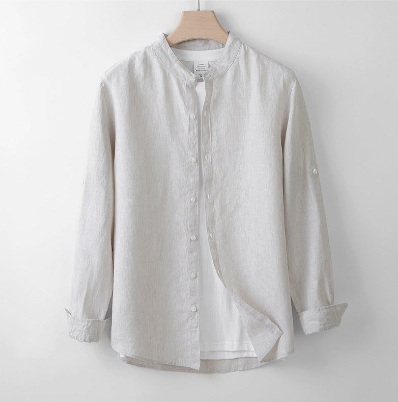 chemise en pur lin beige col mao français
