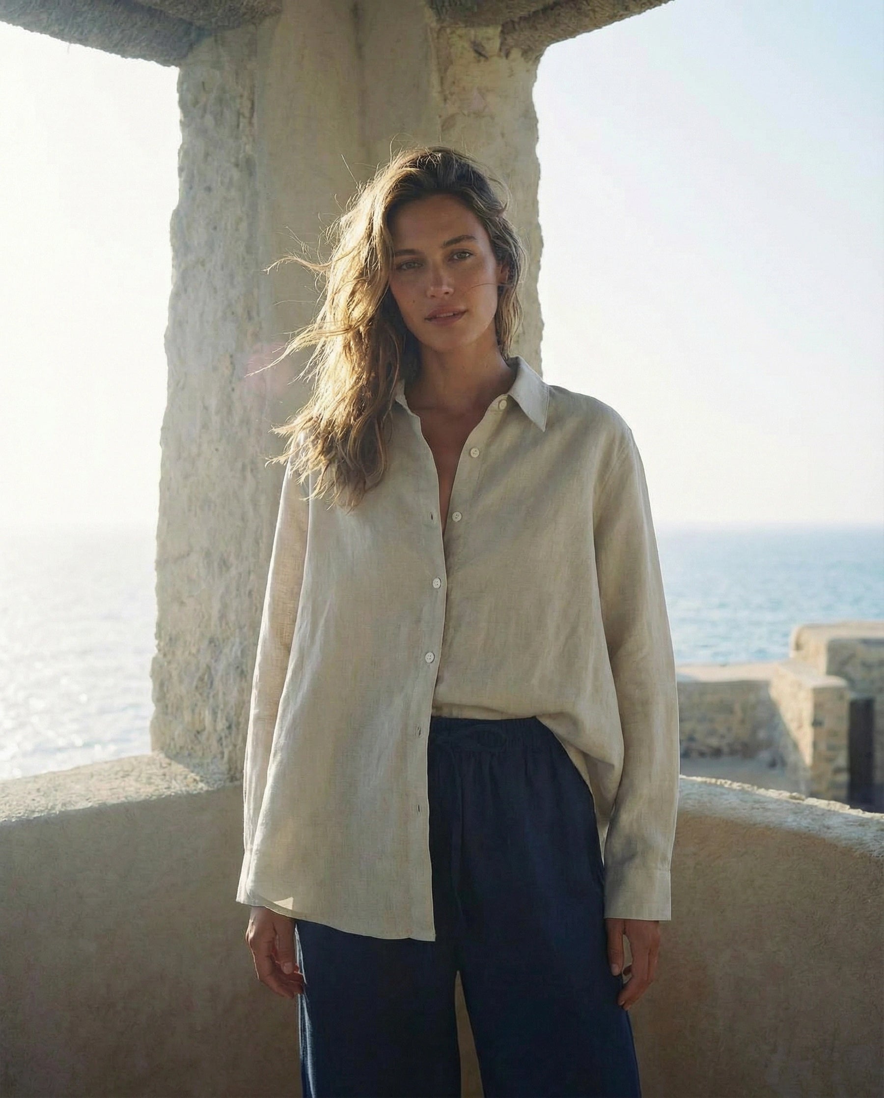 chemise en lin beige femme plage  été