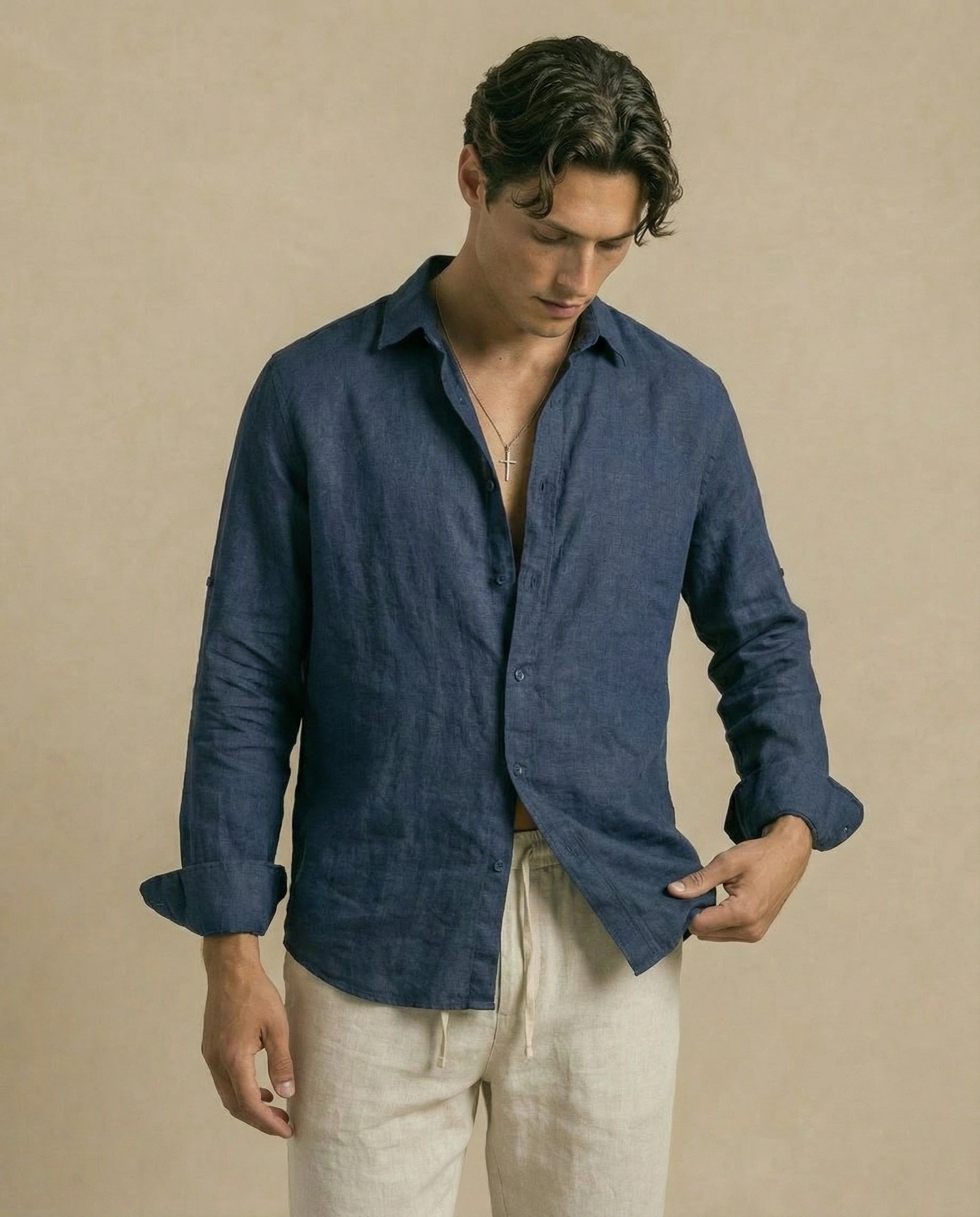 chemise en lin homme bleu marine décontracté