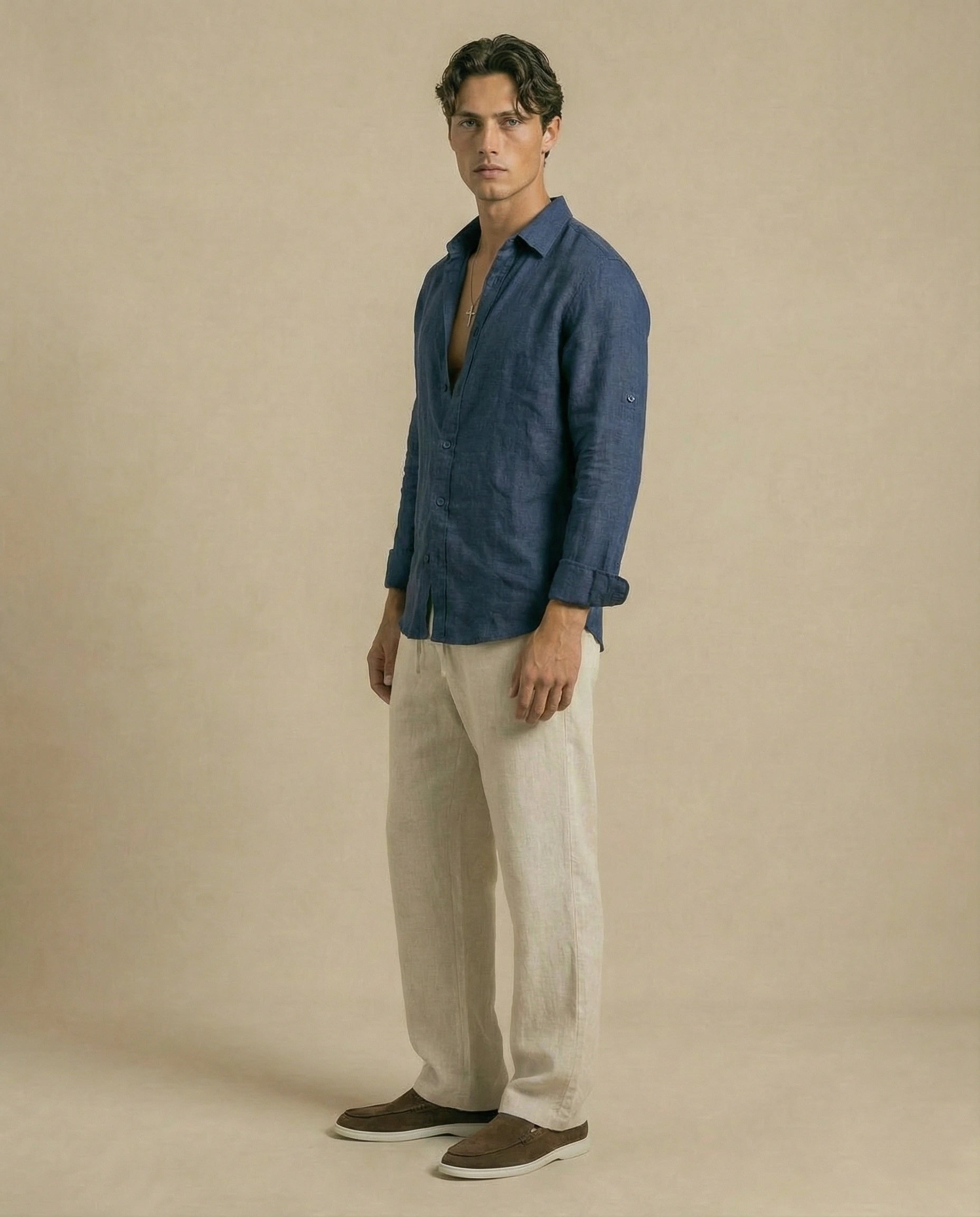 chemise en lin homme bleu marine plage