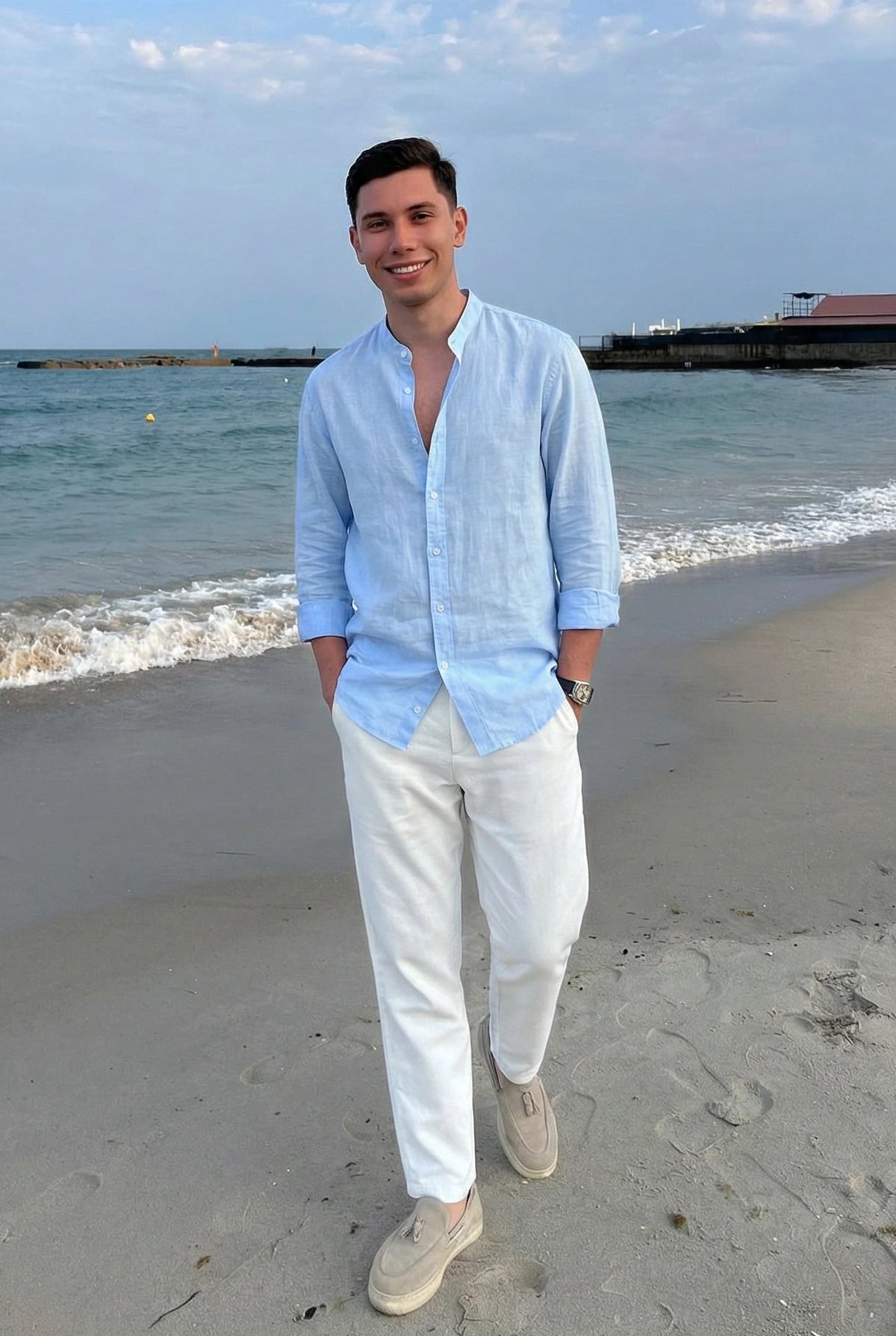 blue linen mandarin collar shirt