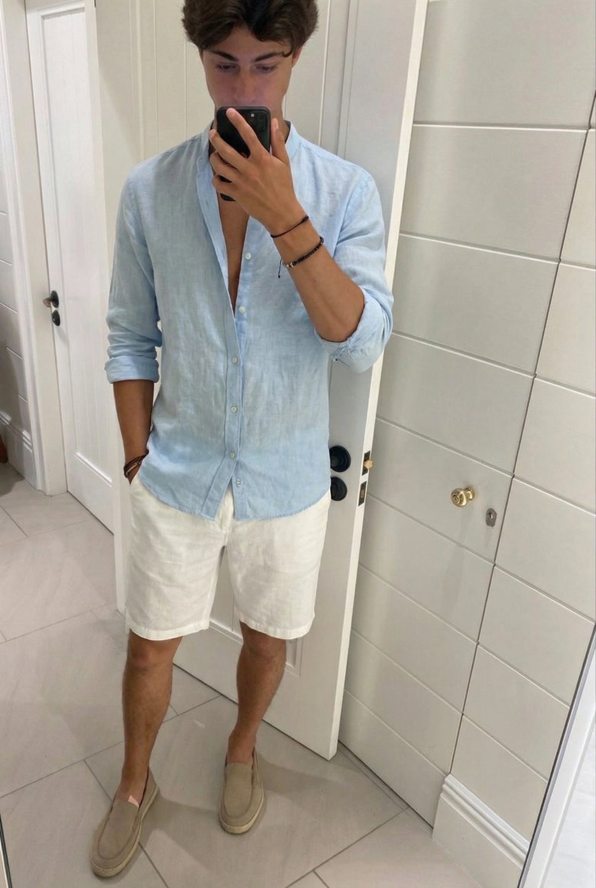 blue linen mandarin collar shirt