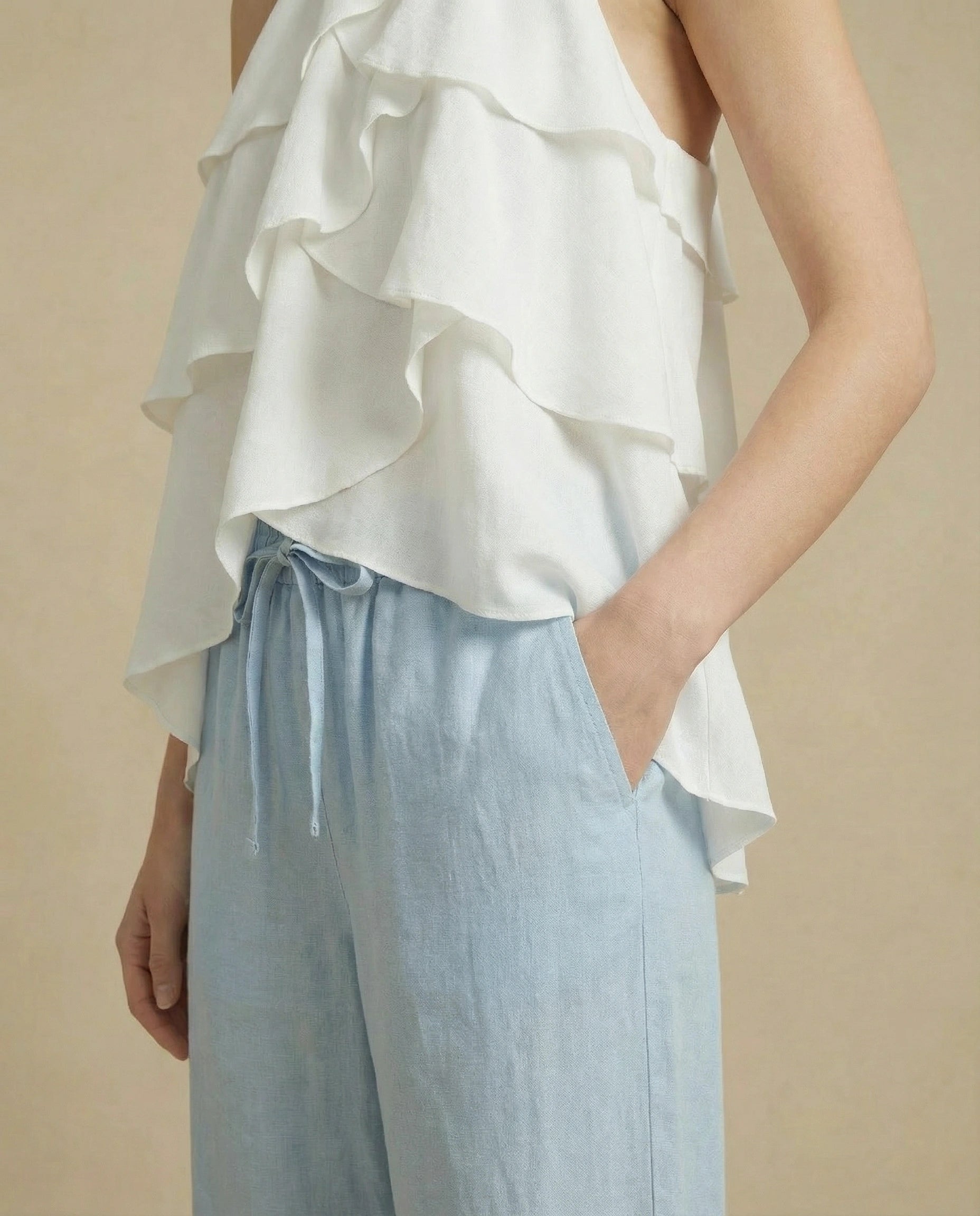 pantalon en lin bleu femme ete ciel 