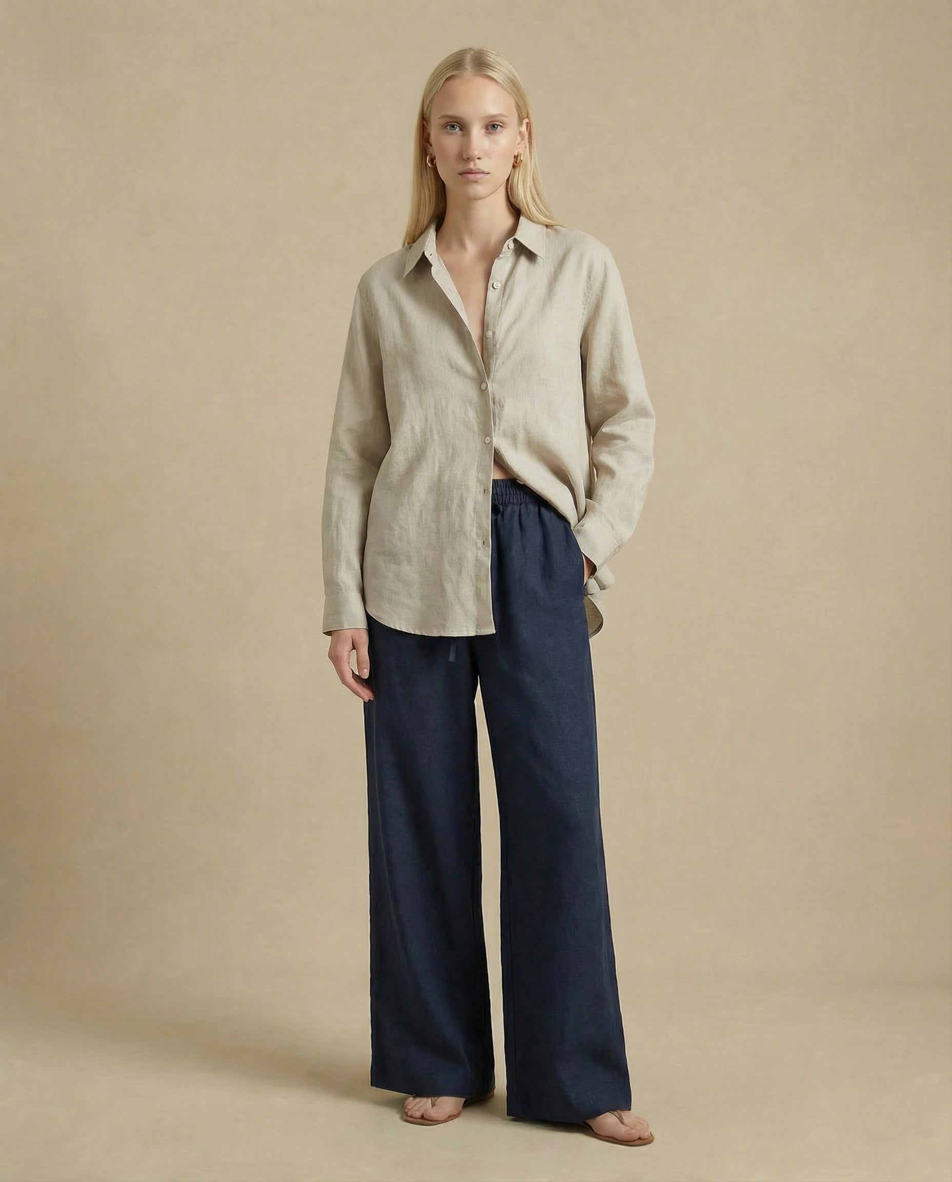 pantalon en lin bleu marine femme ete