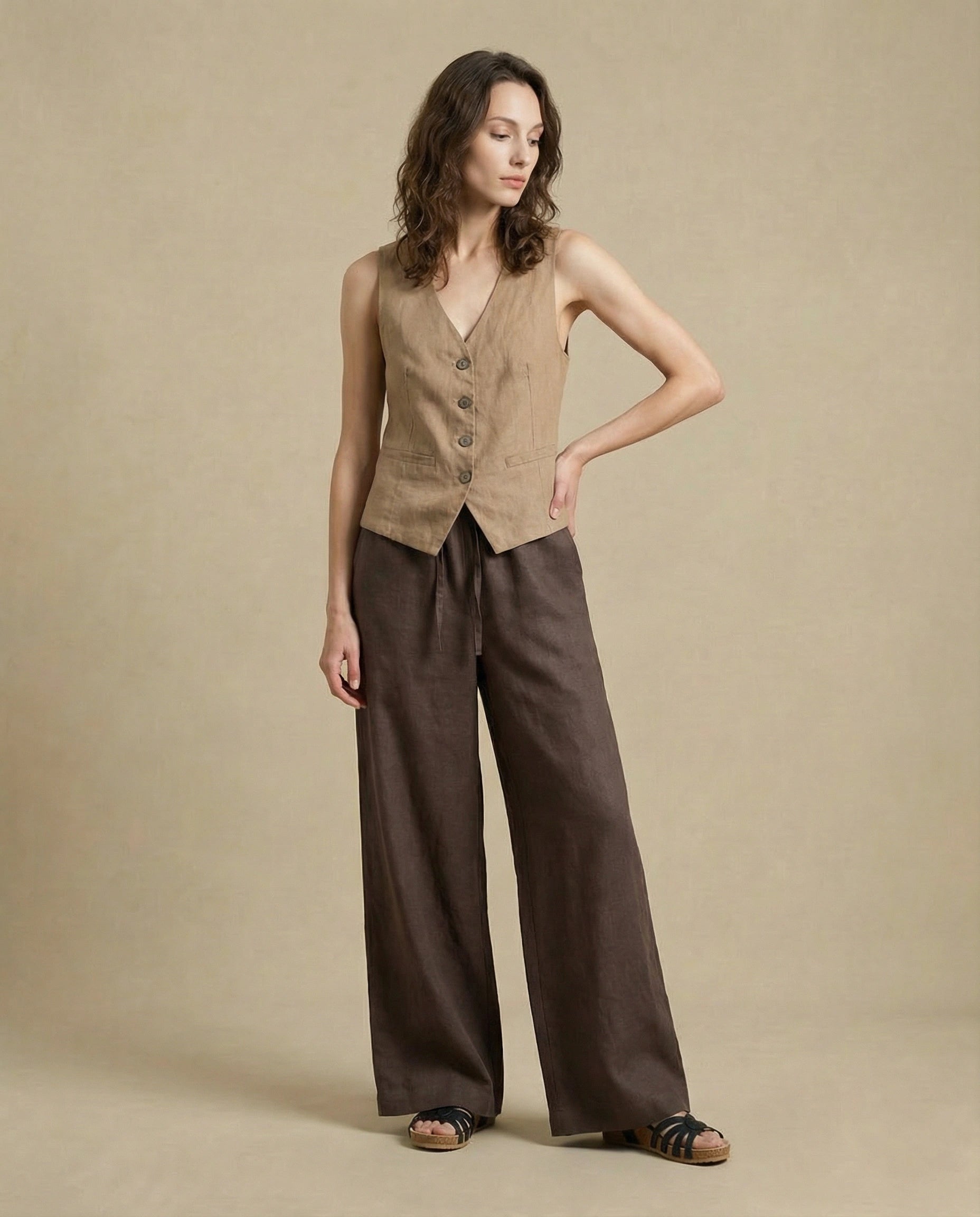 pantalon en lin marron femme 